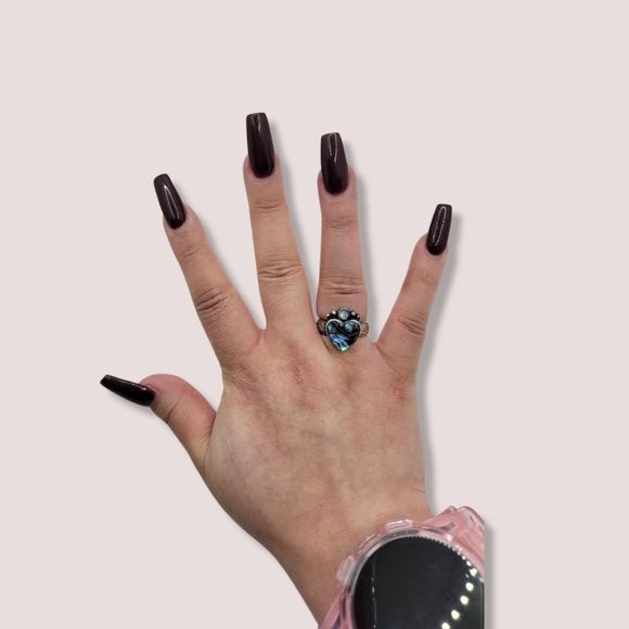 Heart Shape Abalone Shell Ring in Sterling Blue Moonstone Size 8 Ring - Picture 2 of 4